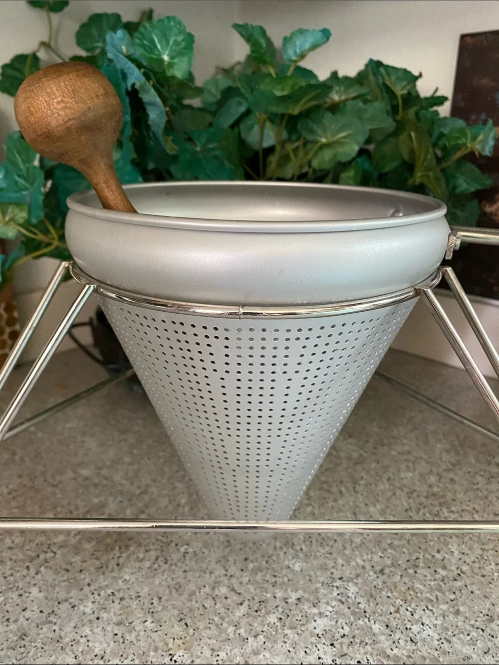 Vintage Cone Sieve, Wooden Pestle & Aluminum Stand